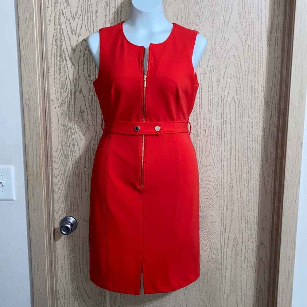 Karl Lagerfeld size 12 red zipper front dress gold detail with belt